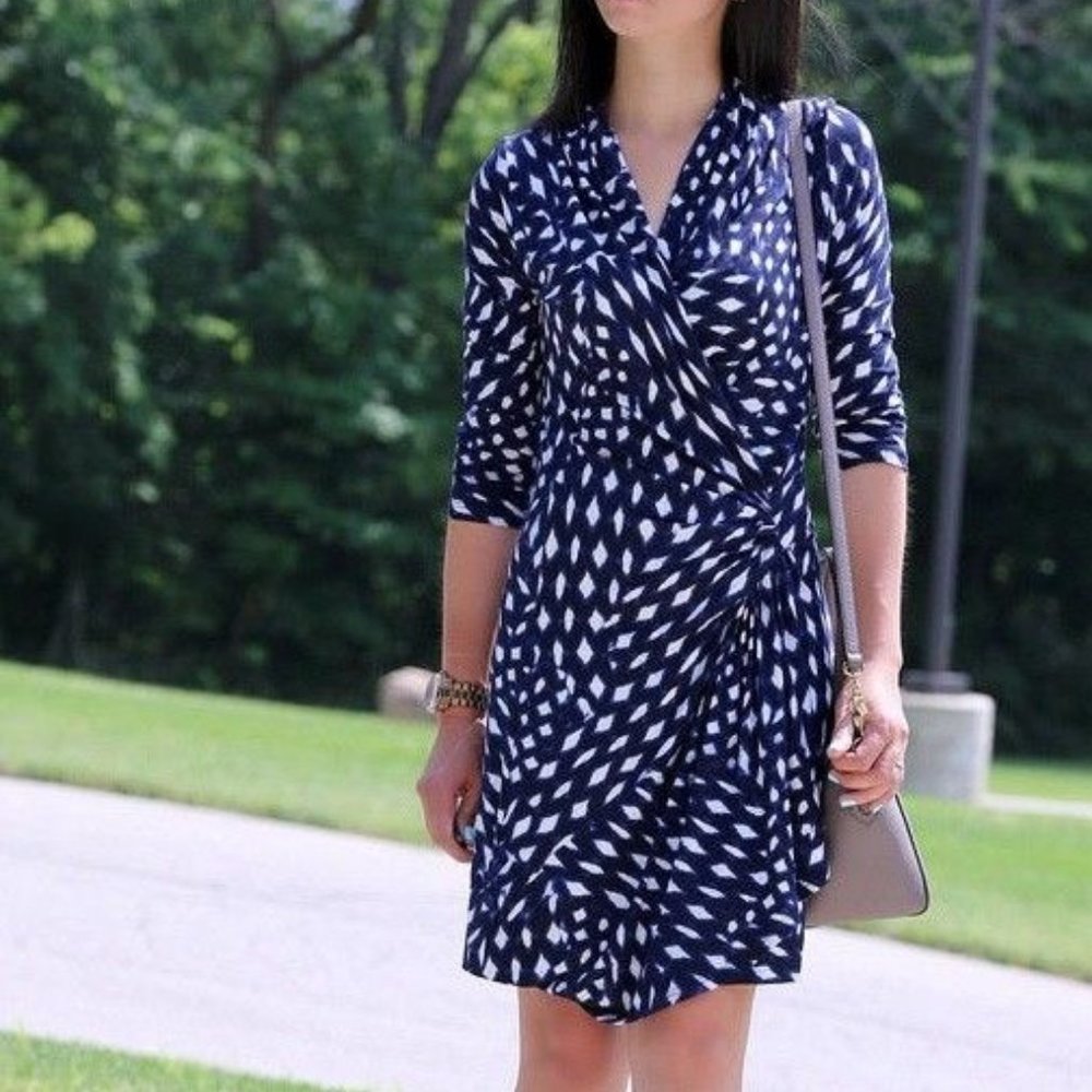 Karen Kane Women Drape Dress Pattern Geometric Blue Casual Work Sz 8 Medium